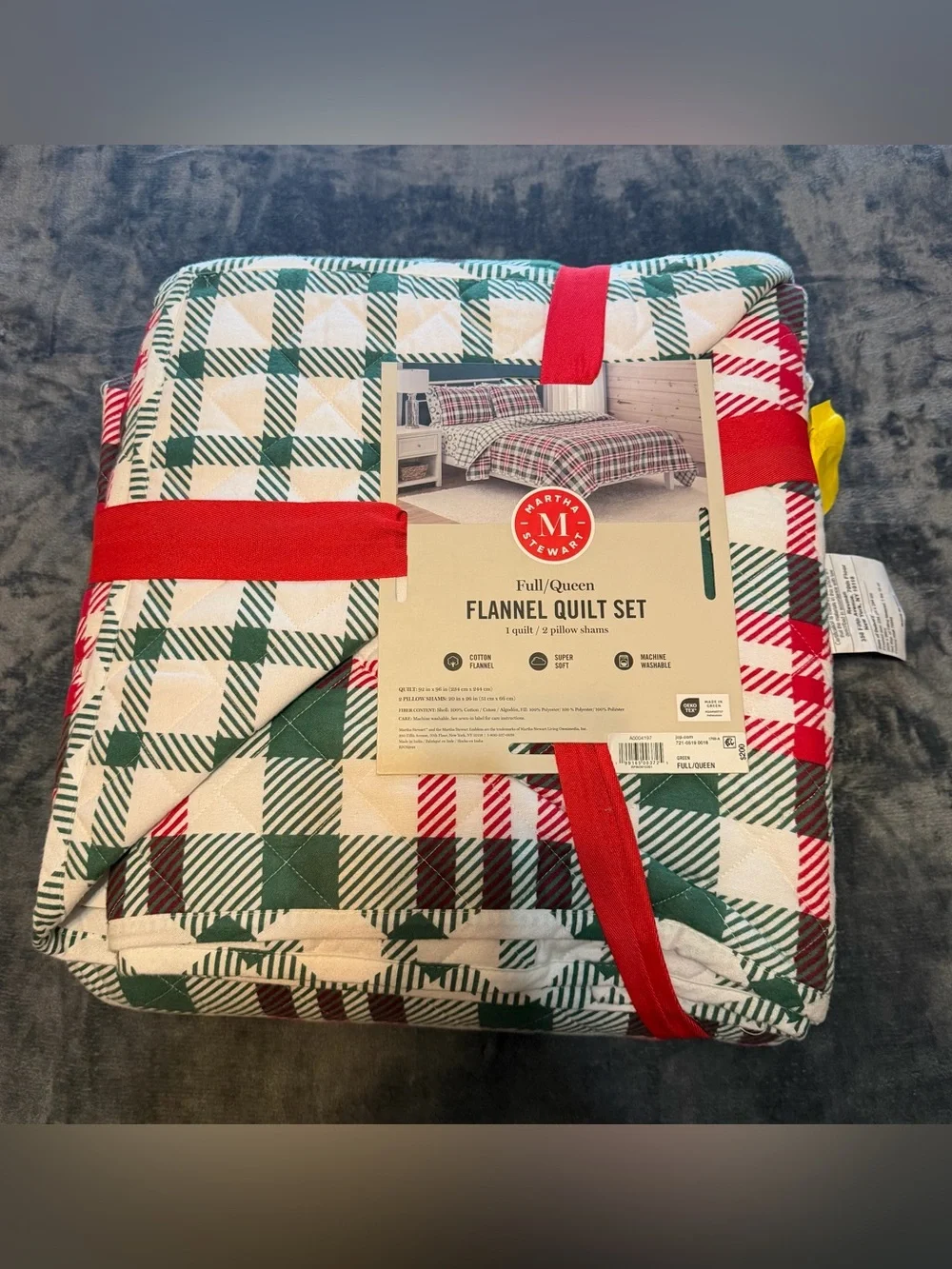 Martha Stewart Green, Red & White Plaid Flannel Quilt Set - Full/Queen